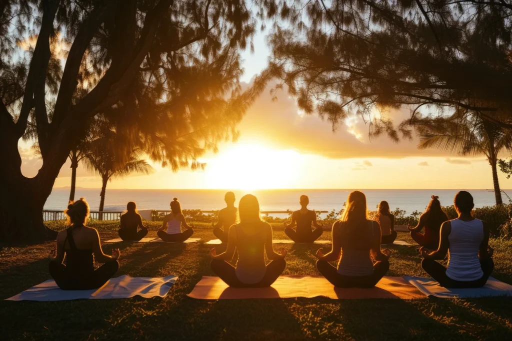 serene yoga class sunrise participants tranquil outdoor resplendent